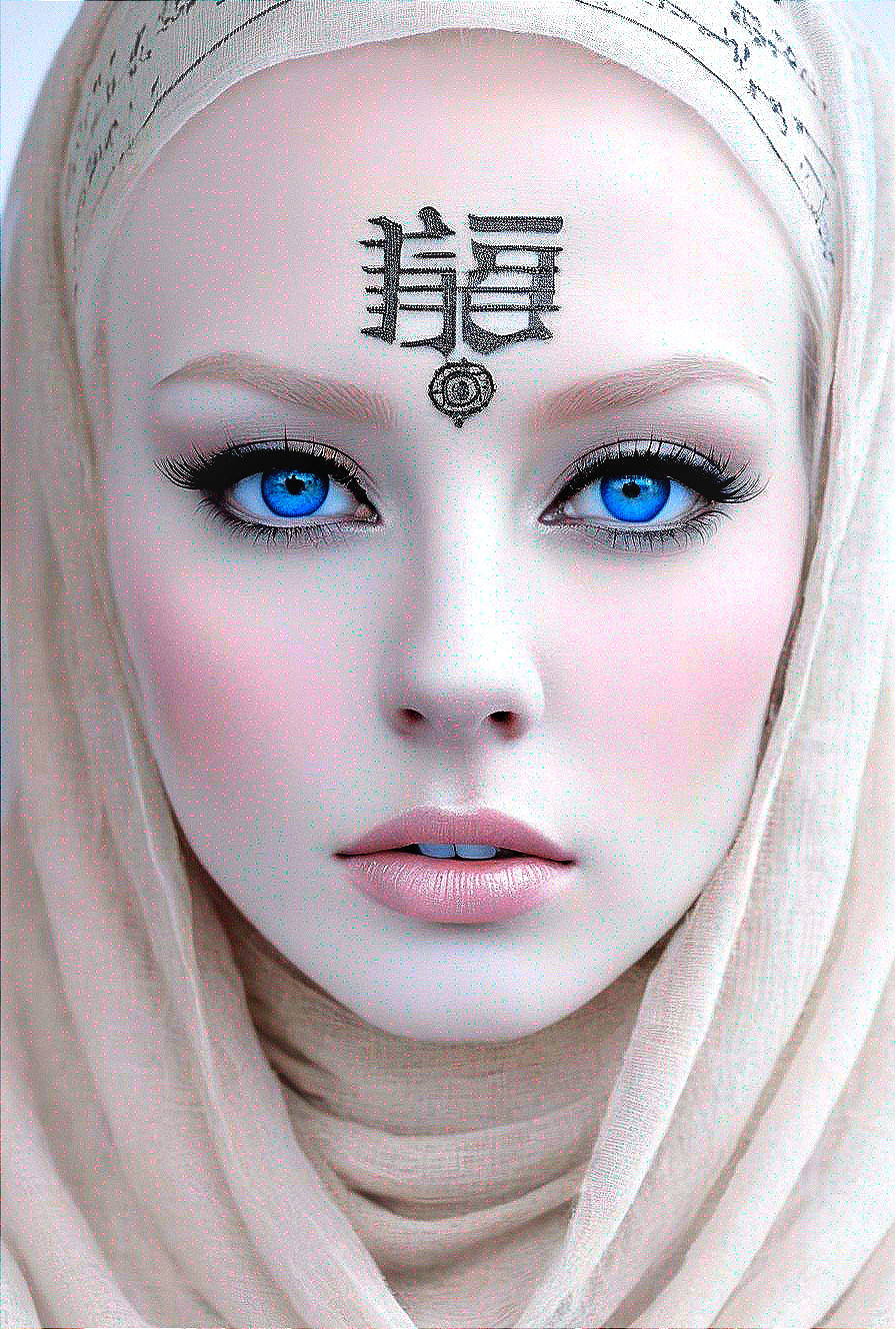 Portrait of a woman with blue eyes and headscarf