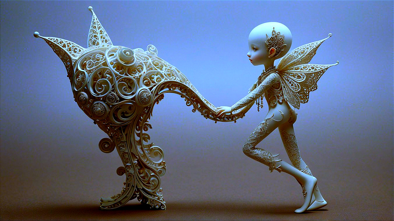 Whimsical Scene with Delicate Figure and Abstract Creature