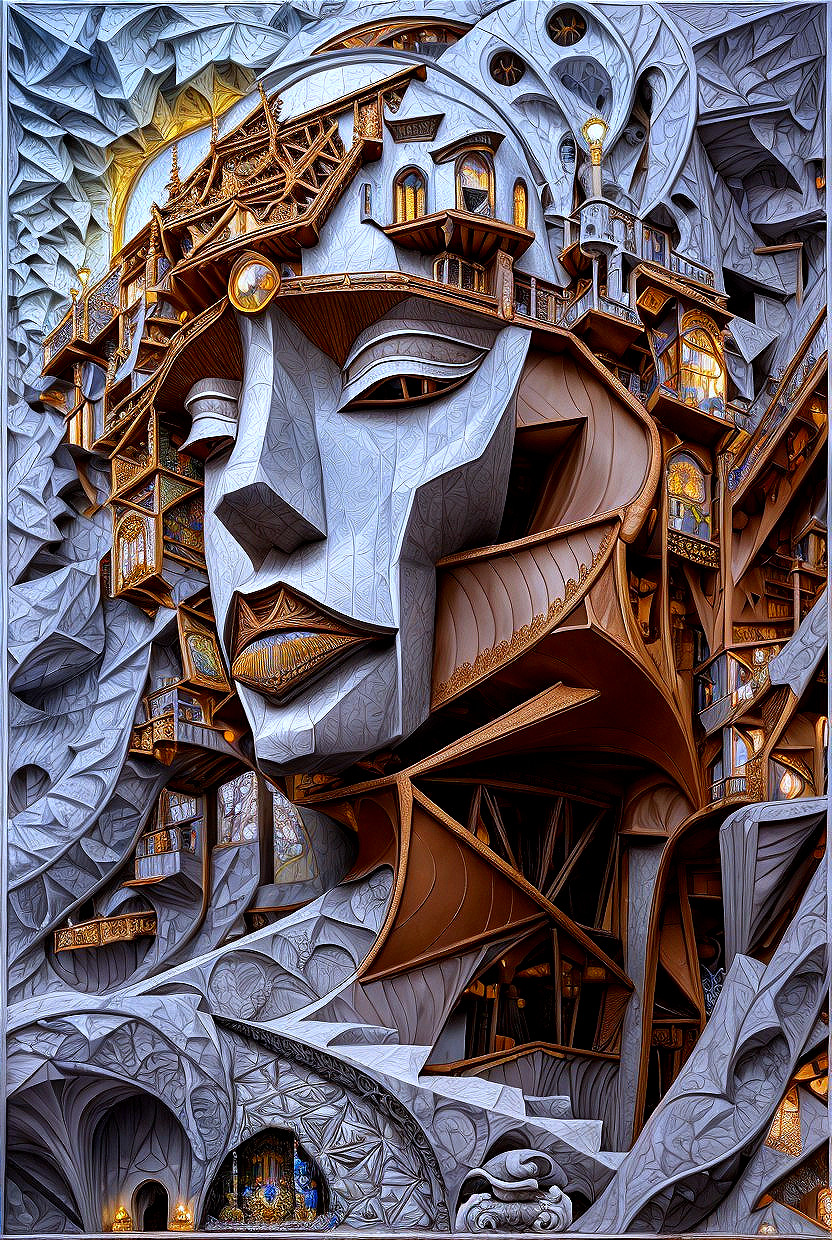 Surreal Sculpture of Woman's Face with Architecture