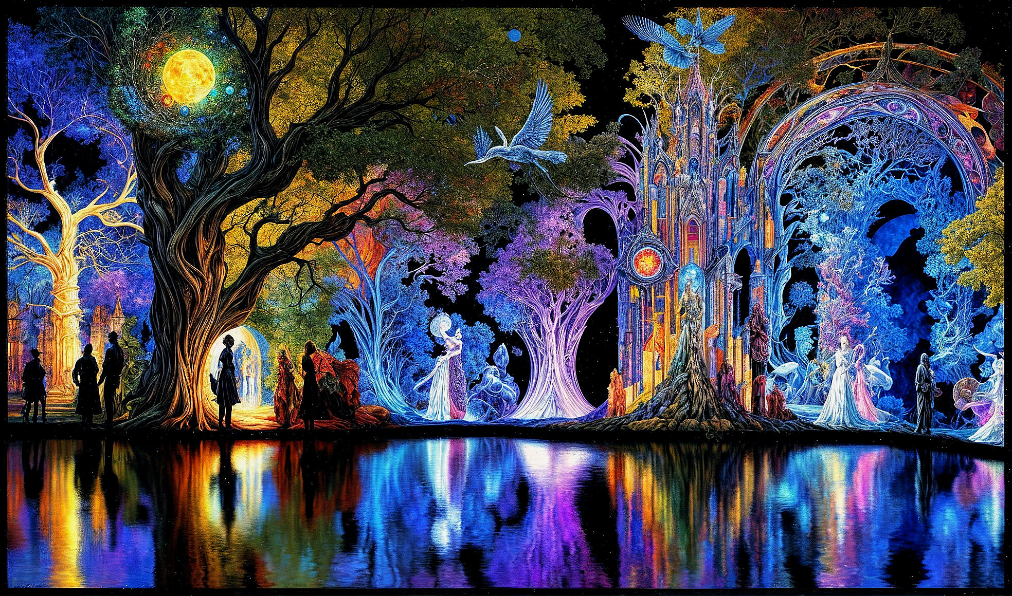 Surreal Landscape with Colorful Trees and Ethereal Beings