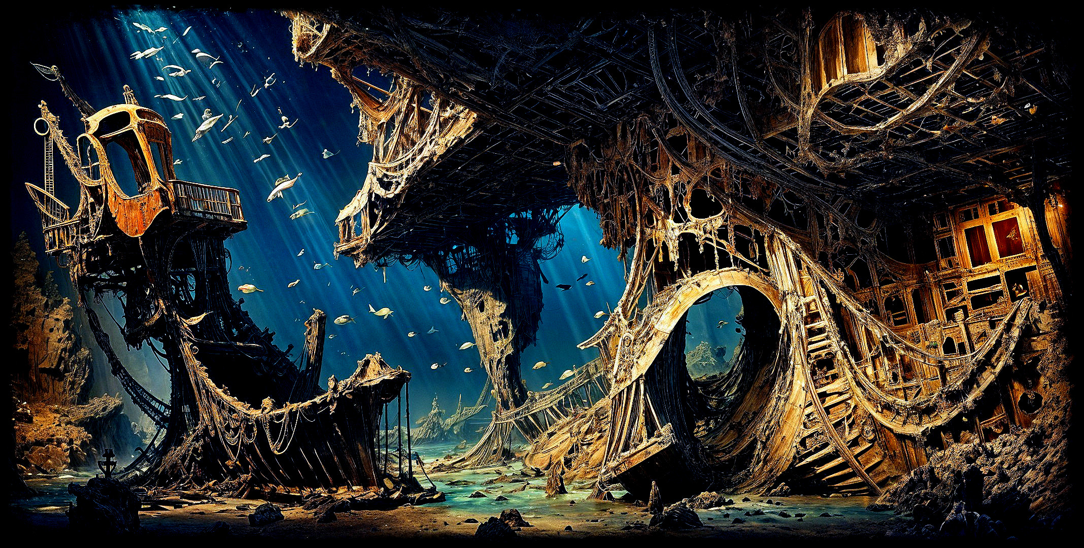 Eerie Underwater Landscape with Shipwreck Remnants