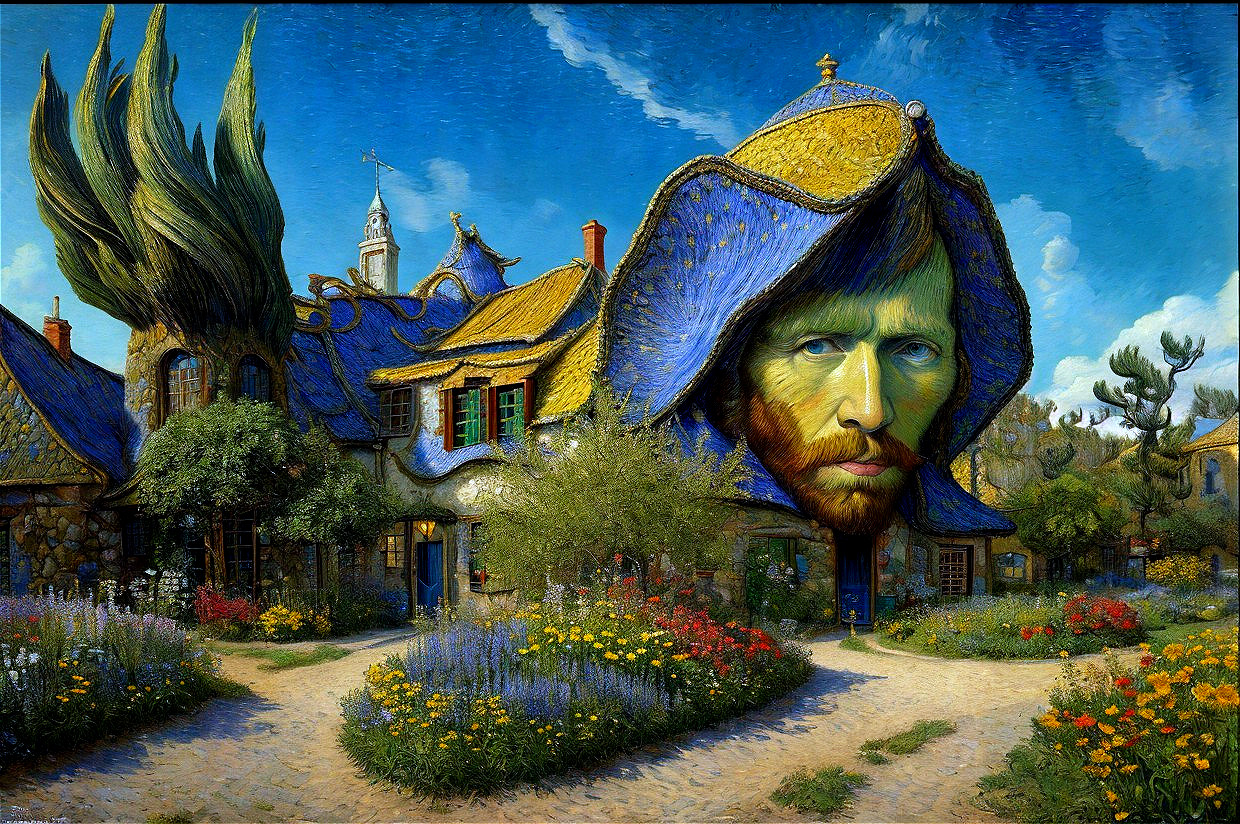 Surreal Landscape with Whimsical House and Nature