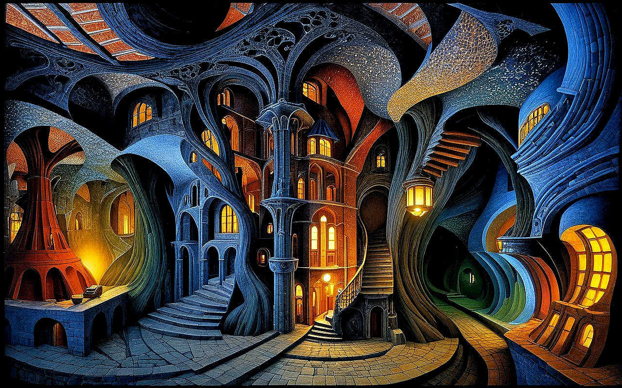 Surreal Interior with Twisting Architecture and Light