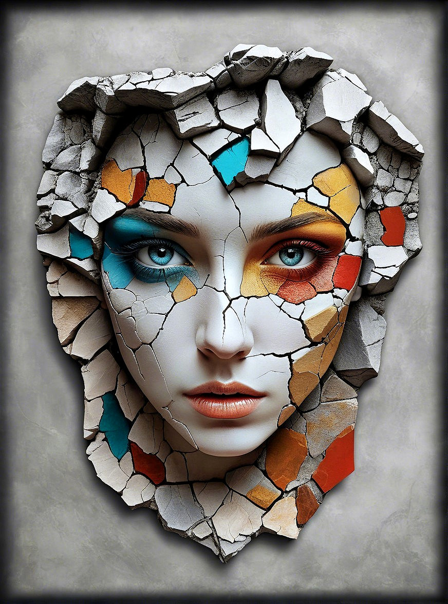 Fractured Face Artwork with Textured Wall Details