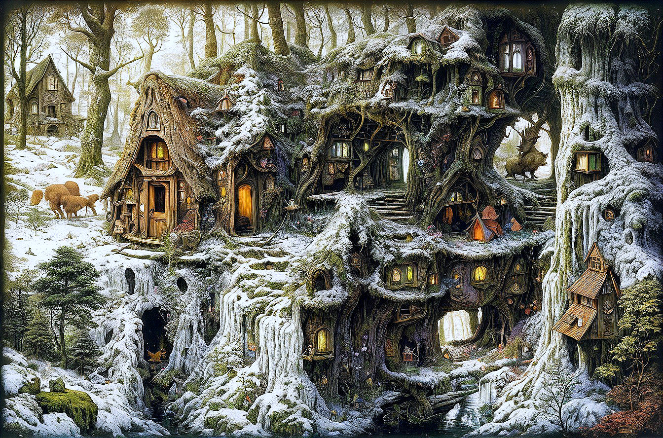 Whimsical Winter Scene with Moss-Covered Houses