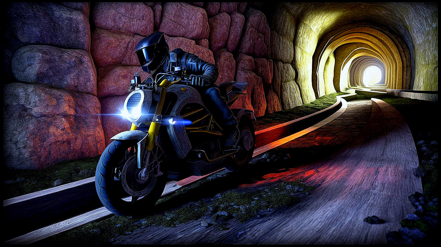 Motorcycle Riding Through a Dimly Lit Tunnel