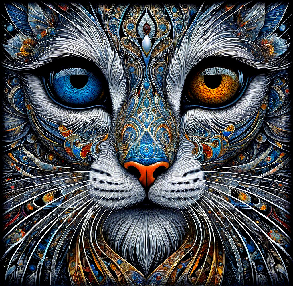 Intricately Designed Cat Face with Blue and Orange Eyes