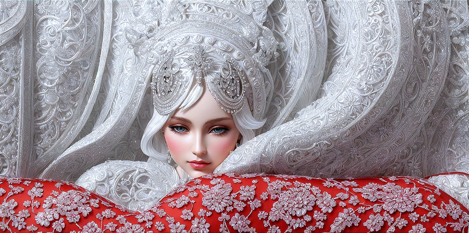 Intricate Doll with Delicate Features and Embroidered Textile