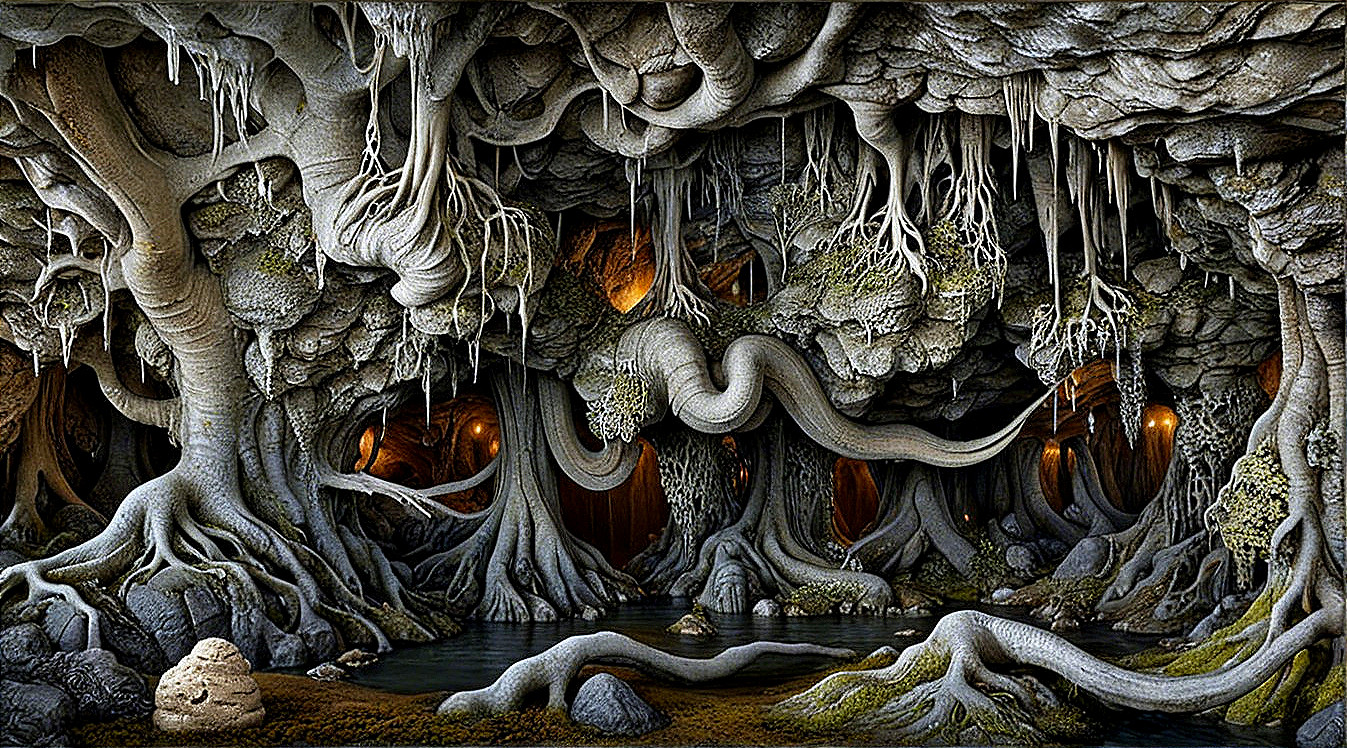 Surreal Underground Cavern with Glowing Orbs and Trees