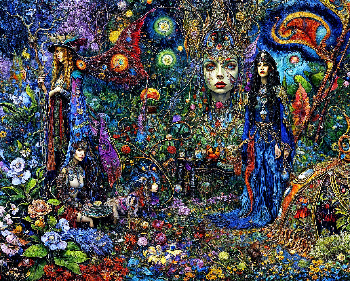 Vibrant Scene of Women in a Mystical Garden