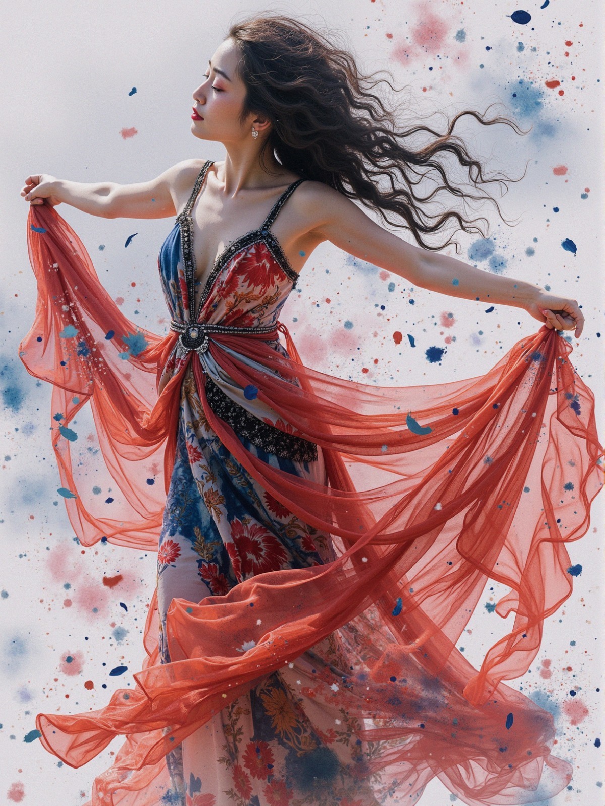 Graceful dancer in floral dress with vibrant colors