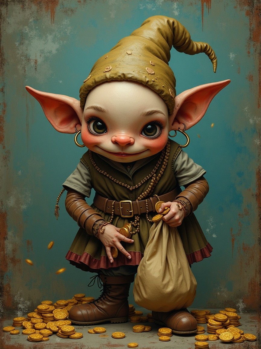 Whimsical fantasy character surrounded by gold coins
