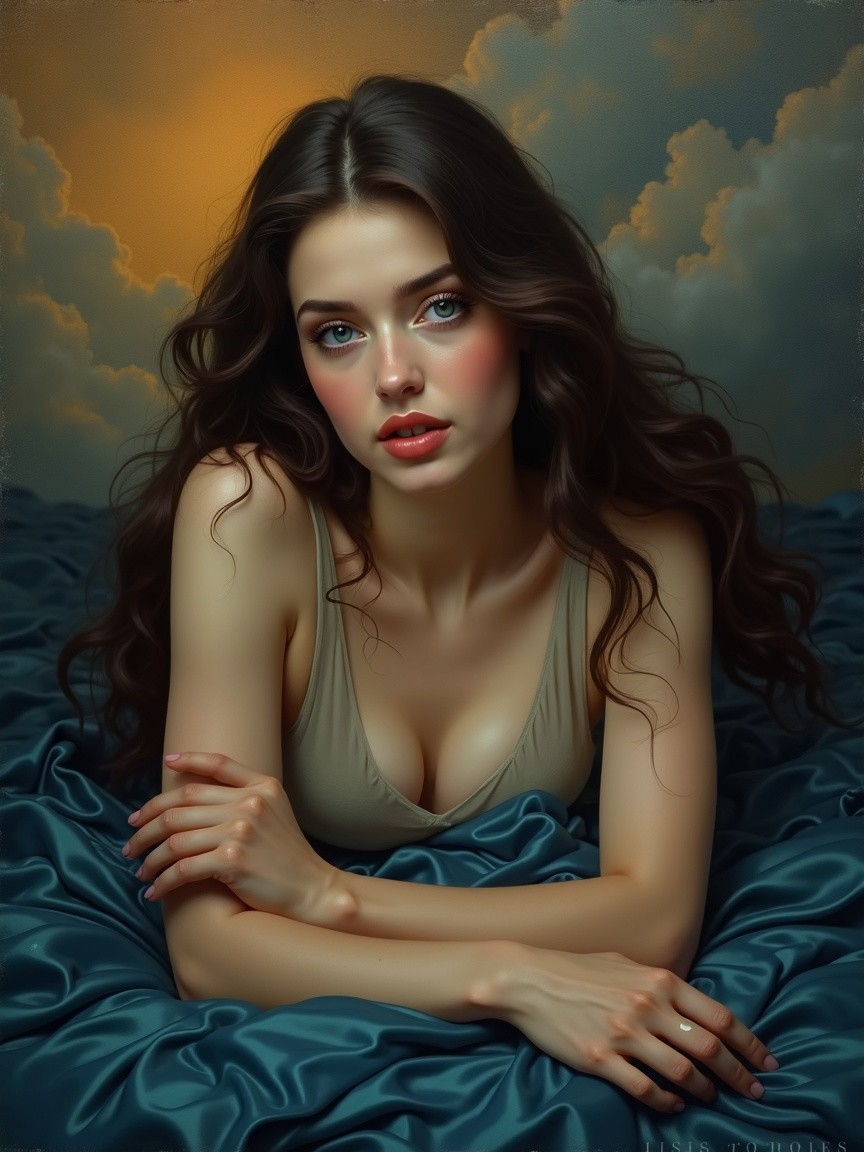 Serene Young Woman on Lush Blue Fabric Background