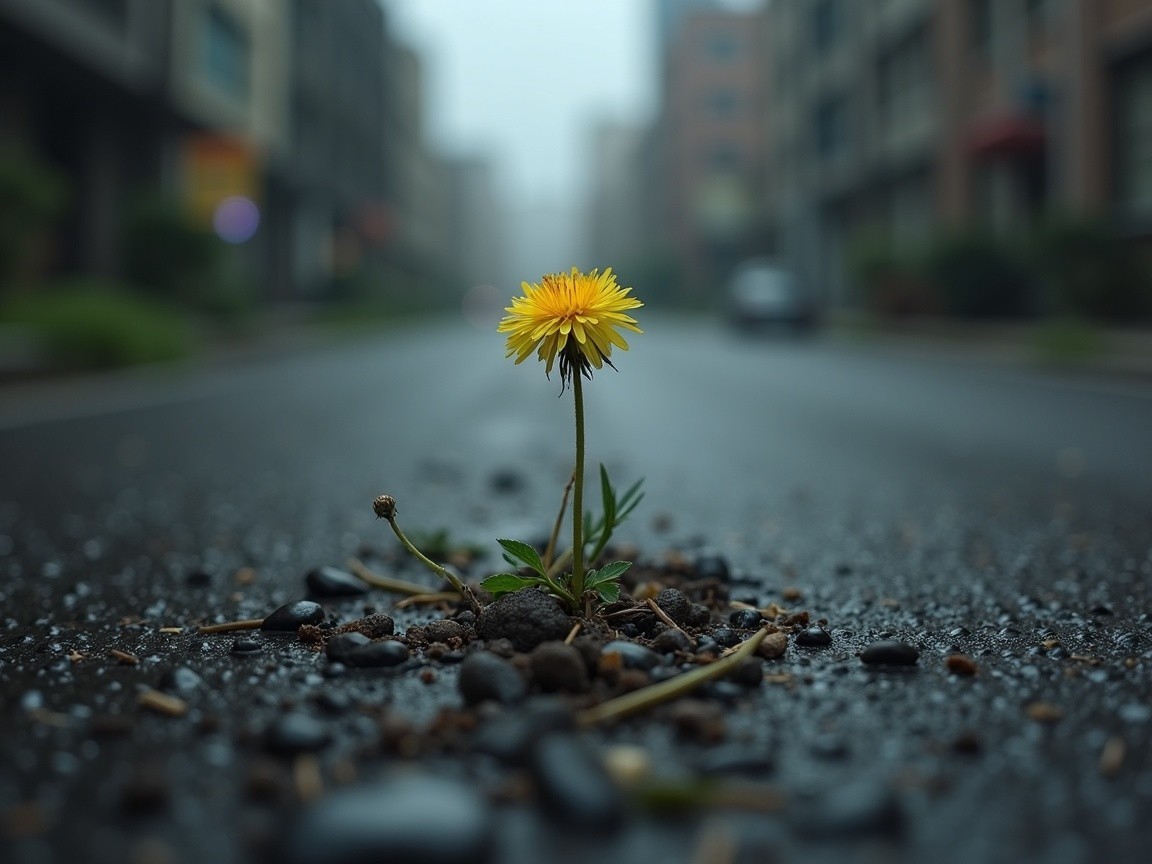 Yellow Dandelion Growing Through Cracked Asphalt Street