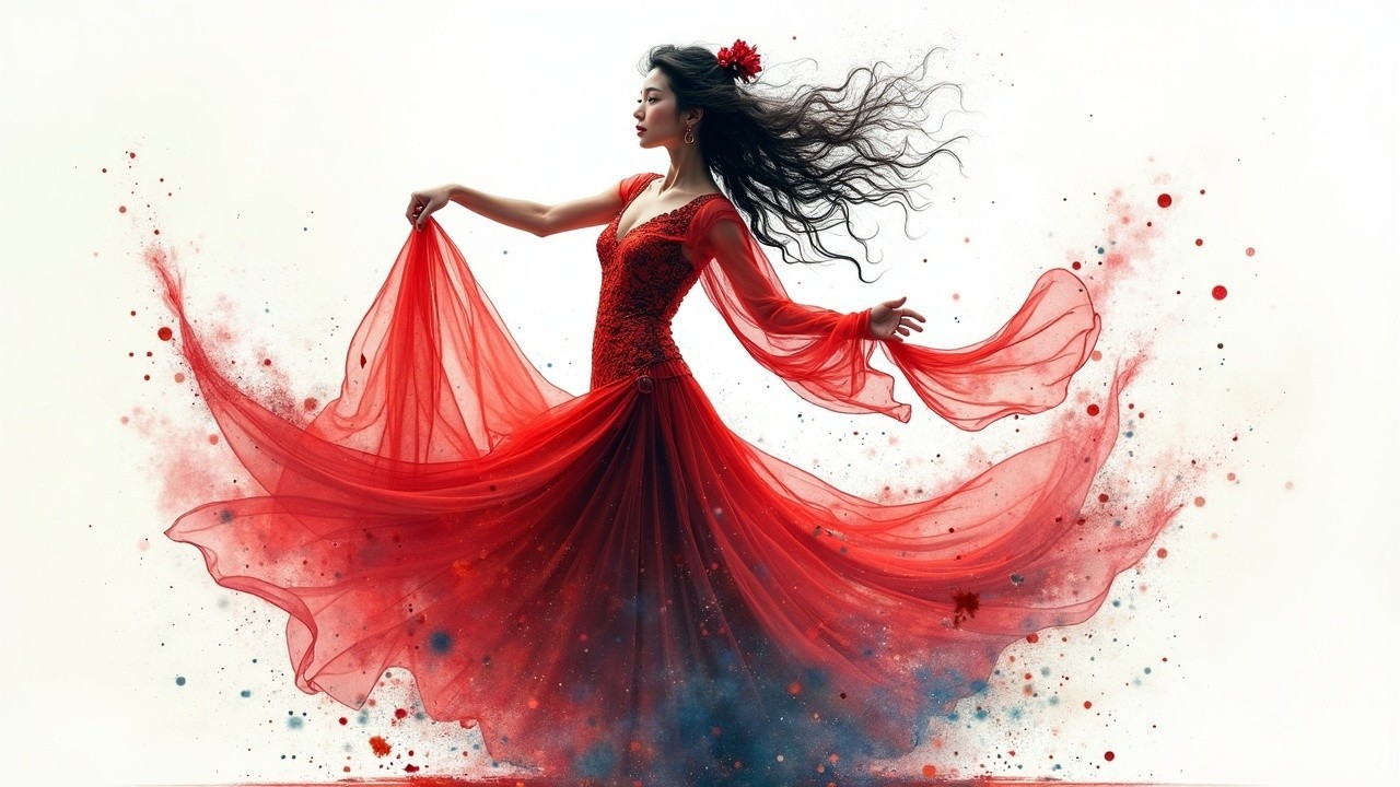 Woman in a flowing red gown dances against colorful backdrop