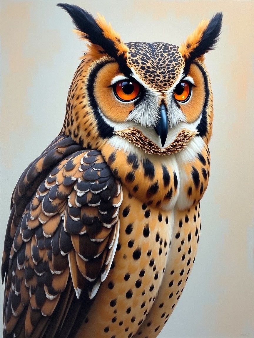 Detailed Owl with Orange Eyes and Patterned Feathers