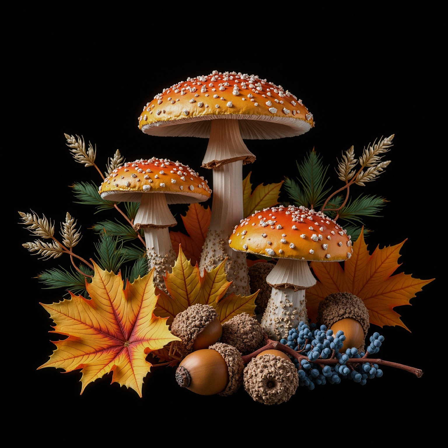 Vibrant Orange Mushrooms with Autumn Leaves and Acorns
