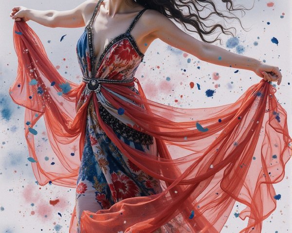 Graceful dancer in floral dress with vibrant colors