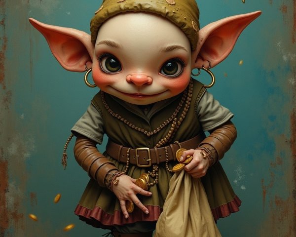 Whimsical fantasy character surrounded by gold coins