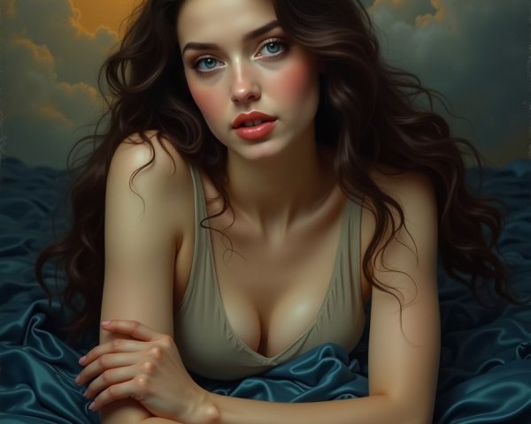 Serene Young Woman on Lush Blue Fabric Background