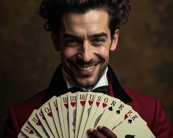 Charismatic Figure with Dark Horns and Playing Cards