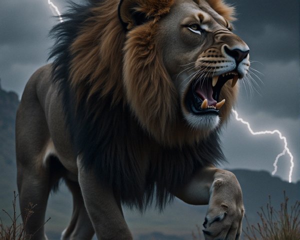 Lion in Dramatic Landscape with Stormy Sky and Lightning
