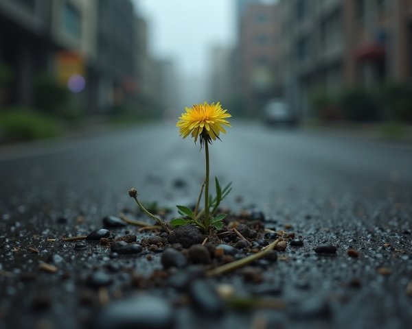 Yellow Dandelion Growing Through Cracked Asphalt Street
