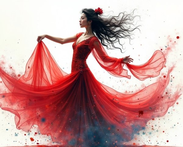 Woman in a flowing red gown dances against colorful backdrop