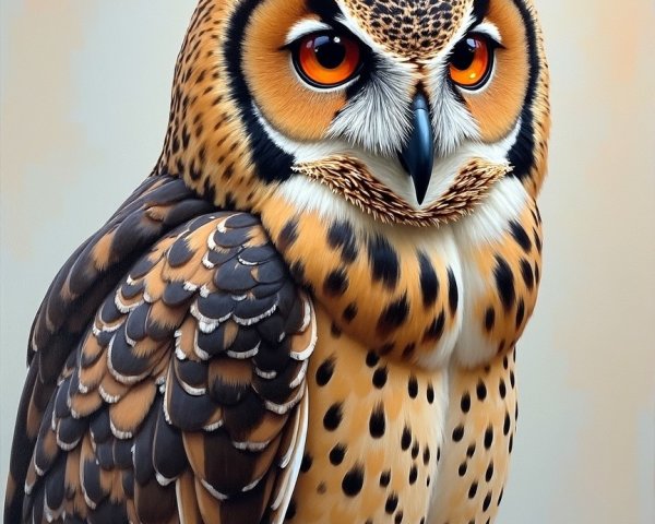 Detailed Owl with Orange Eyes and Patterned Feathers