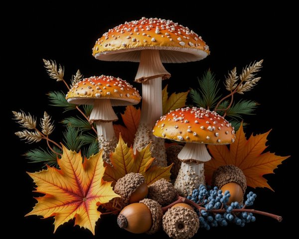 Vibrant Orange Mushrooms with Autumn Leaves and Acorns