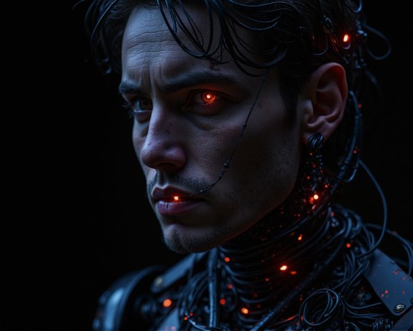 Futuristic Figure with Cybernetic Elements and Red Lights