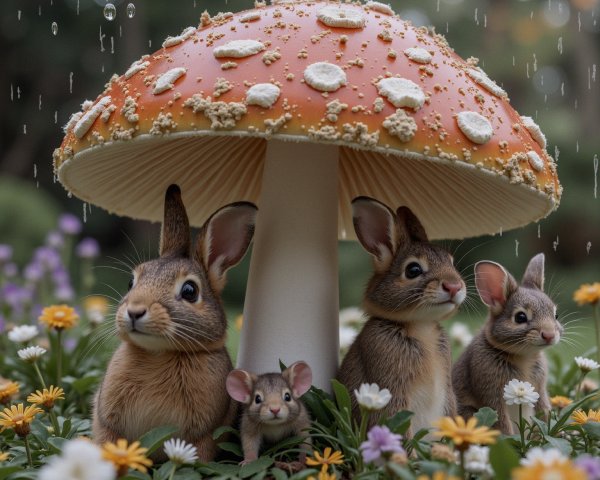 Whimsical Animals Under Vibrant Orange Mushroom