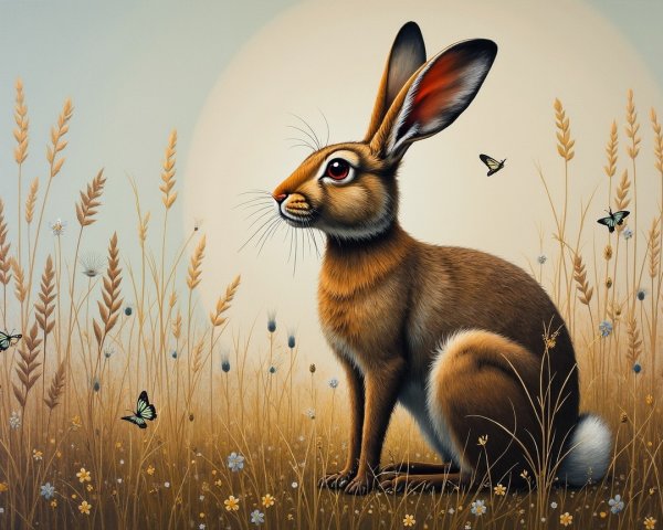 Illustration of a hare in a golden grass field