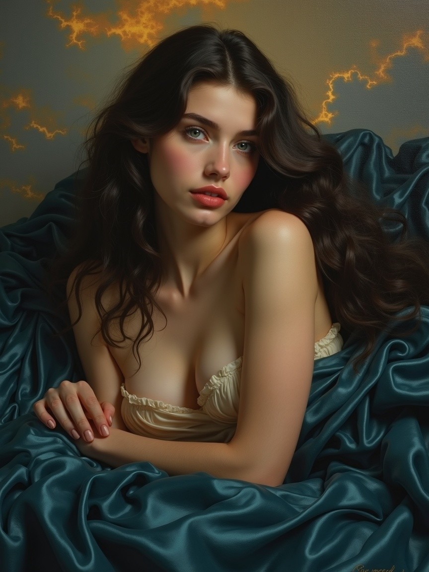 Young woman among teal satin drapes with clouds