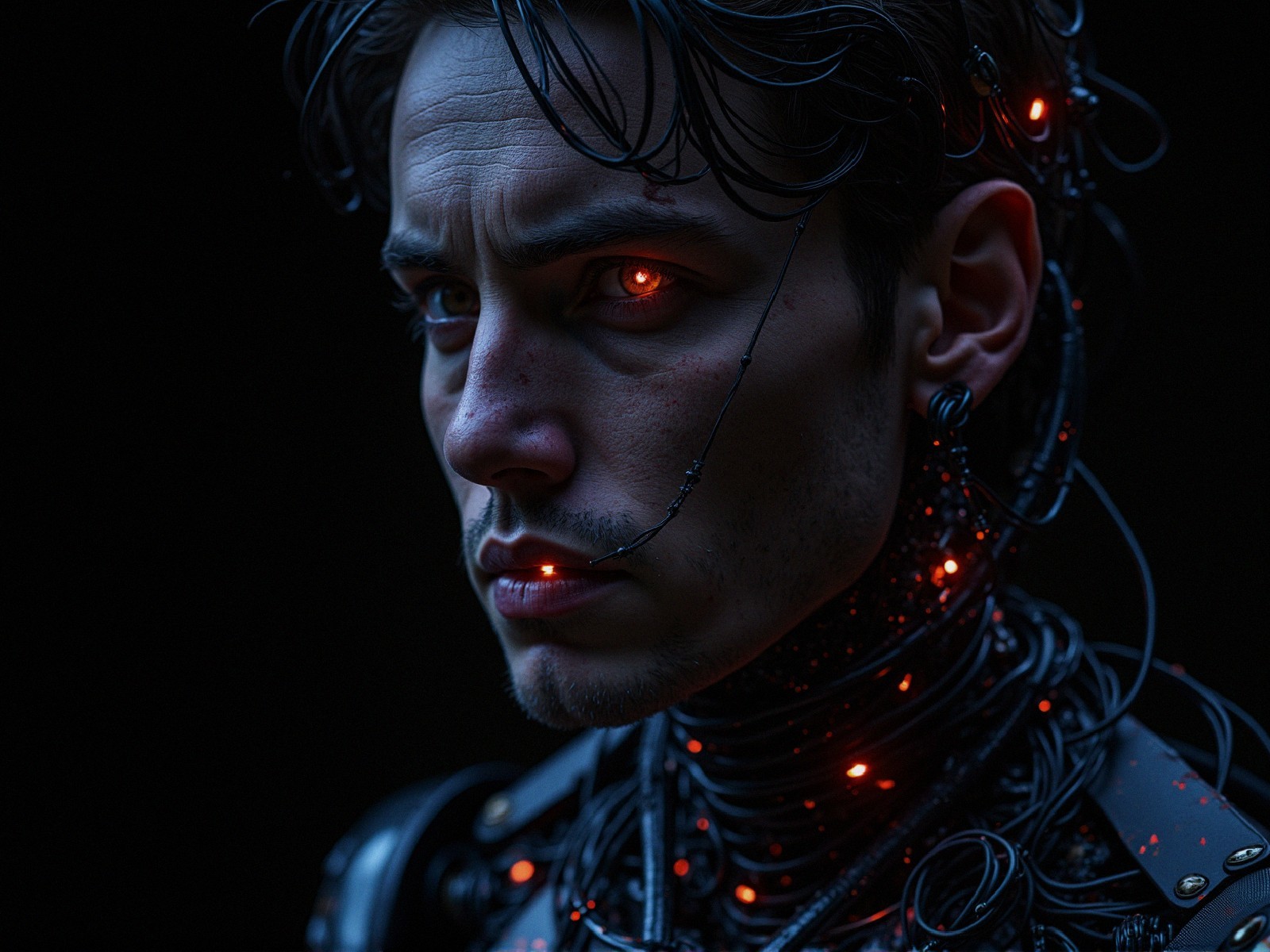 Futuristic Figure with Cybernetic Elements and Red Lights