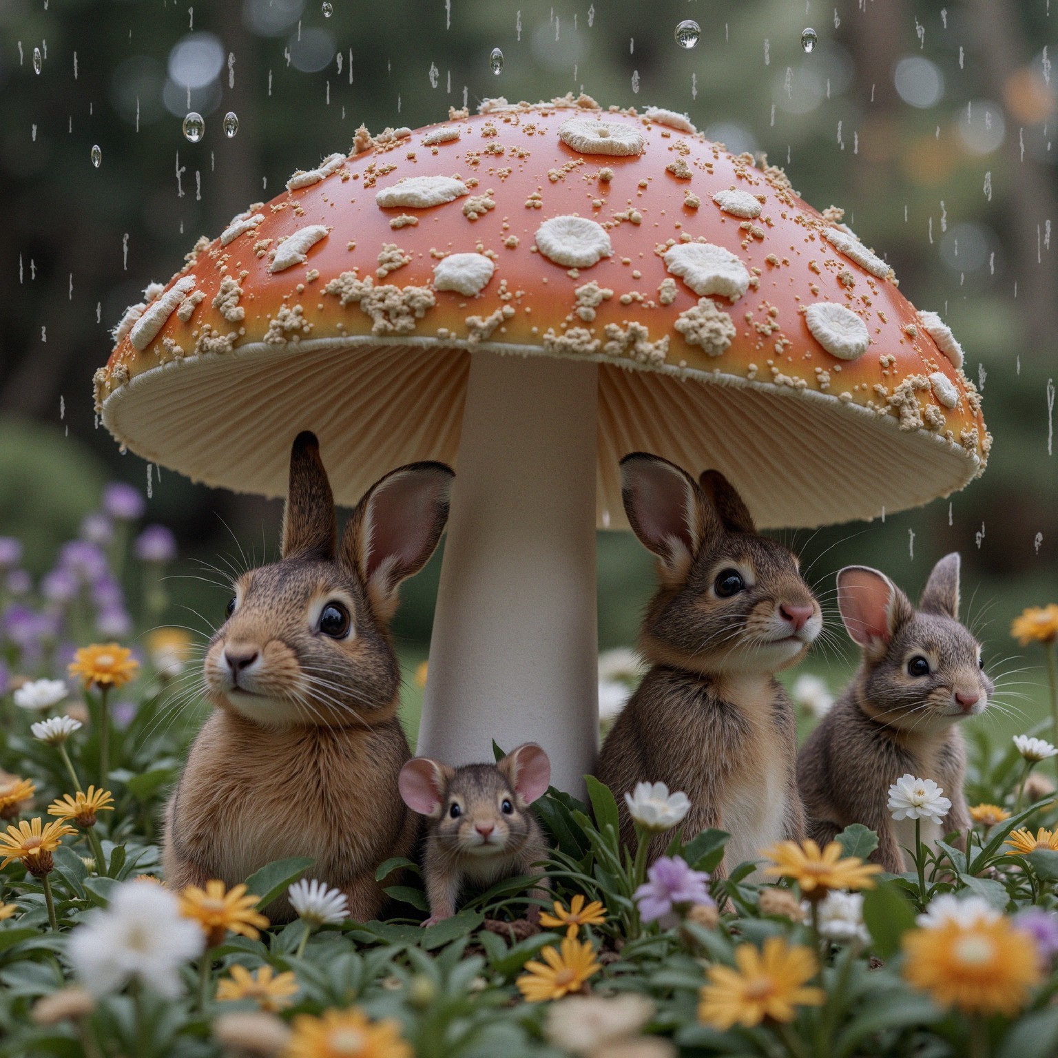 Whimsical Animals Under Vibrant Orange Mushroom
