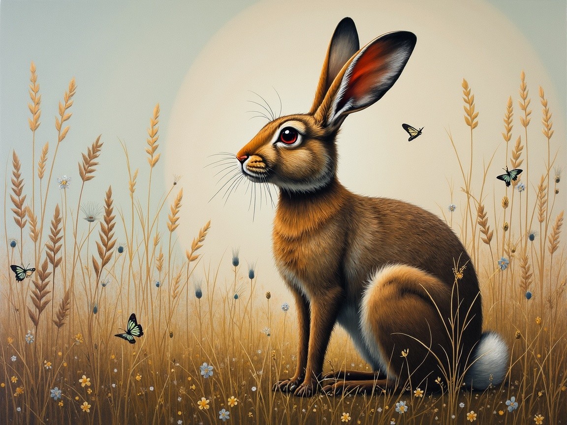 Illustration of a hare in a golden grass field