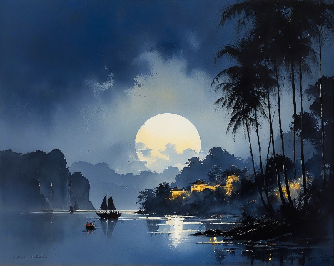 Nocturnal Landscape with Moonlit Waterway and Palm Trees