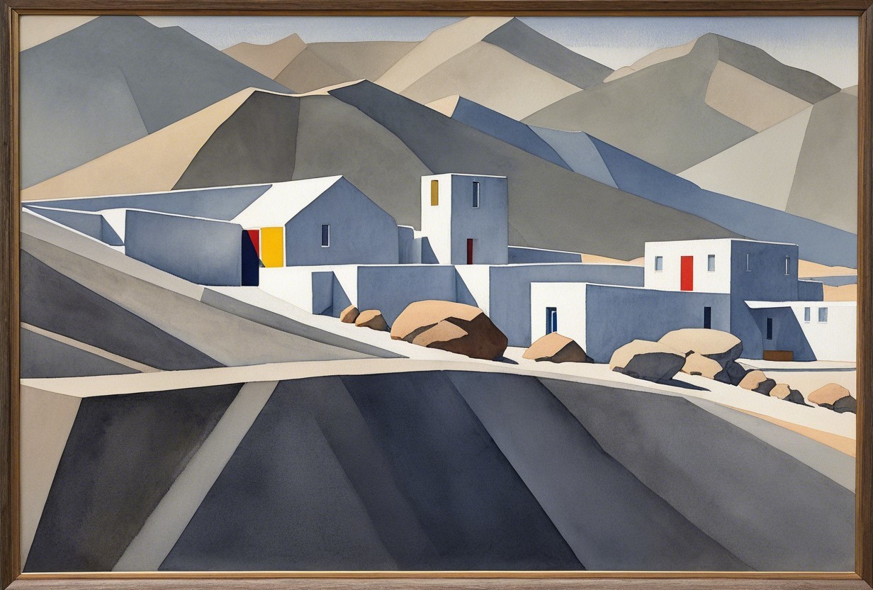Geometric Landscape with White Buildings and Mountains