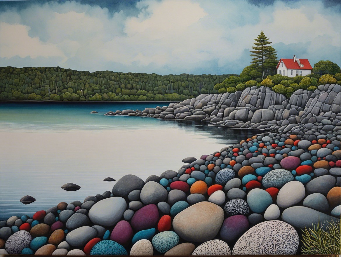 Tranquil Shoreline with Colorful Pebbles and Hillside