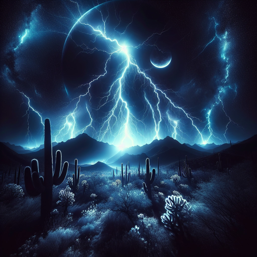 Surreal Desert Night Scene with Lightning and Moon