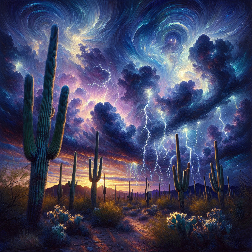 Dramatic Desert Landscape with Cacti and Lightning