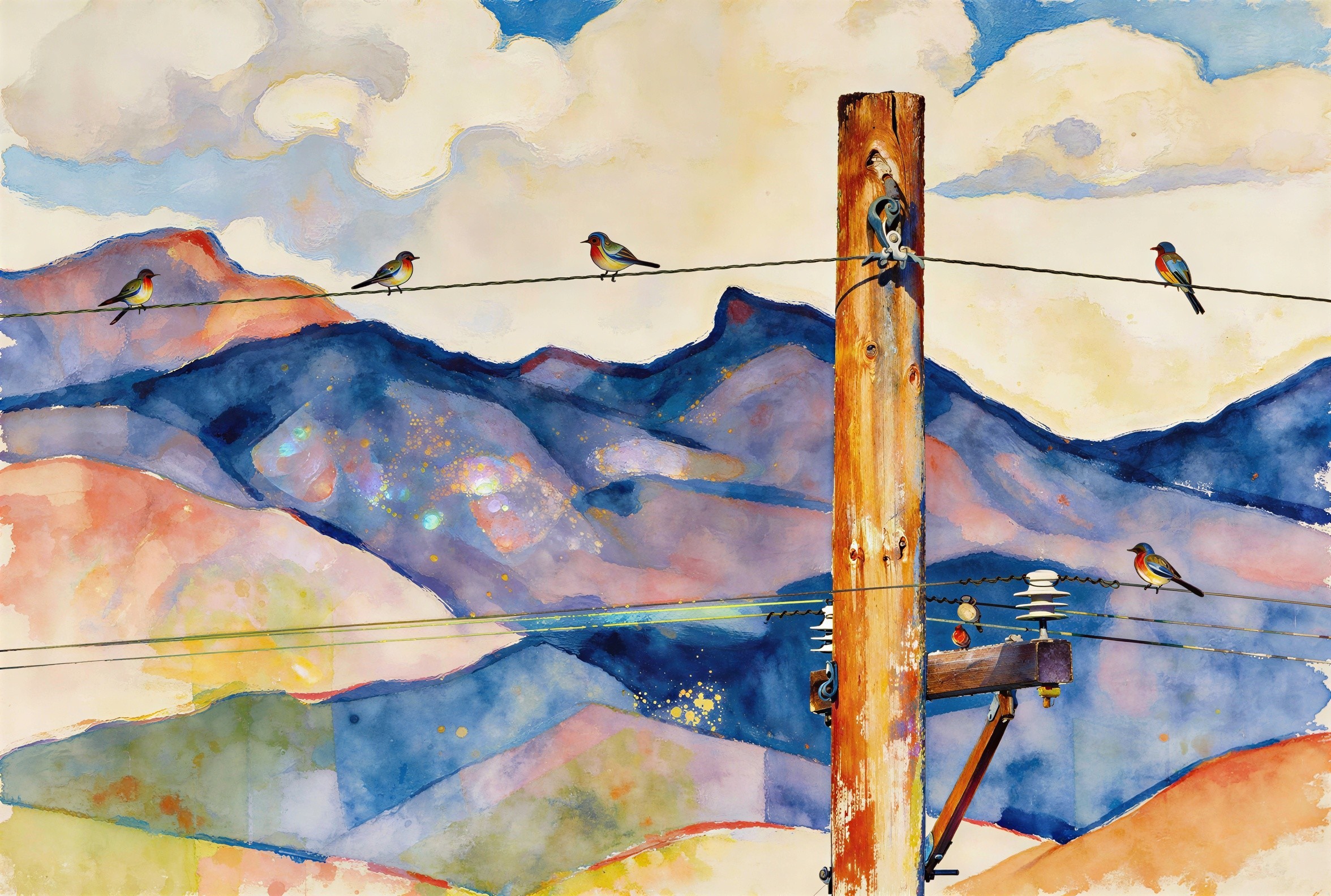 Vibrant Watercolor of Mountain Landscape with Birds