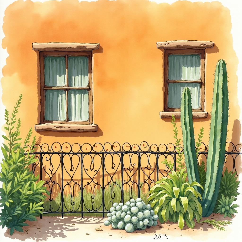 Charming Adobe Wall with Rustic Windows and Greenery