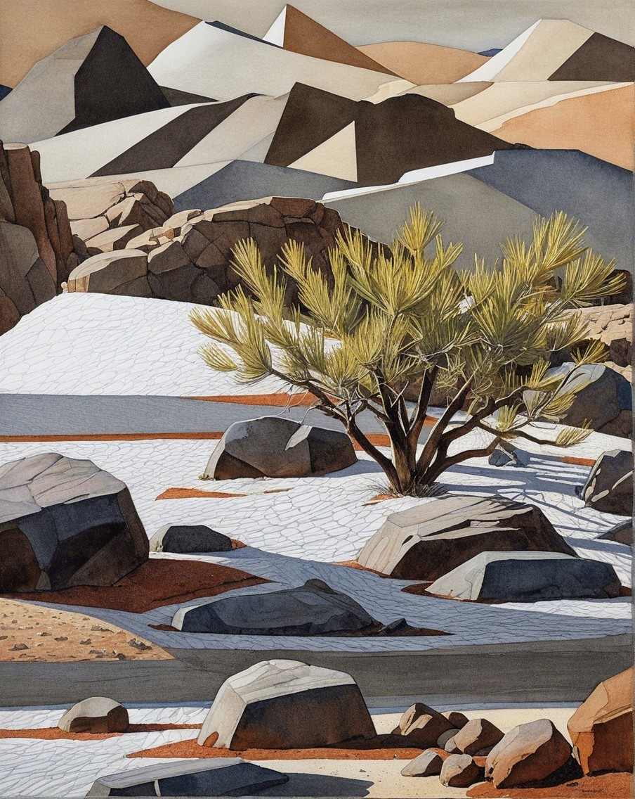 Serene Desert Landscape with Angular Mountains and Tree