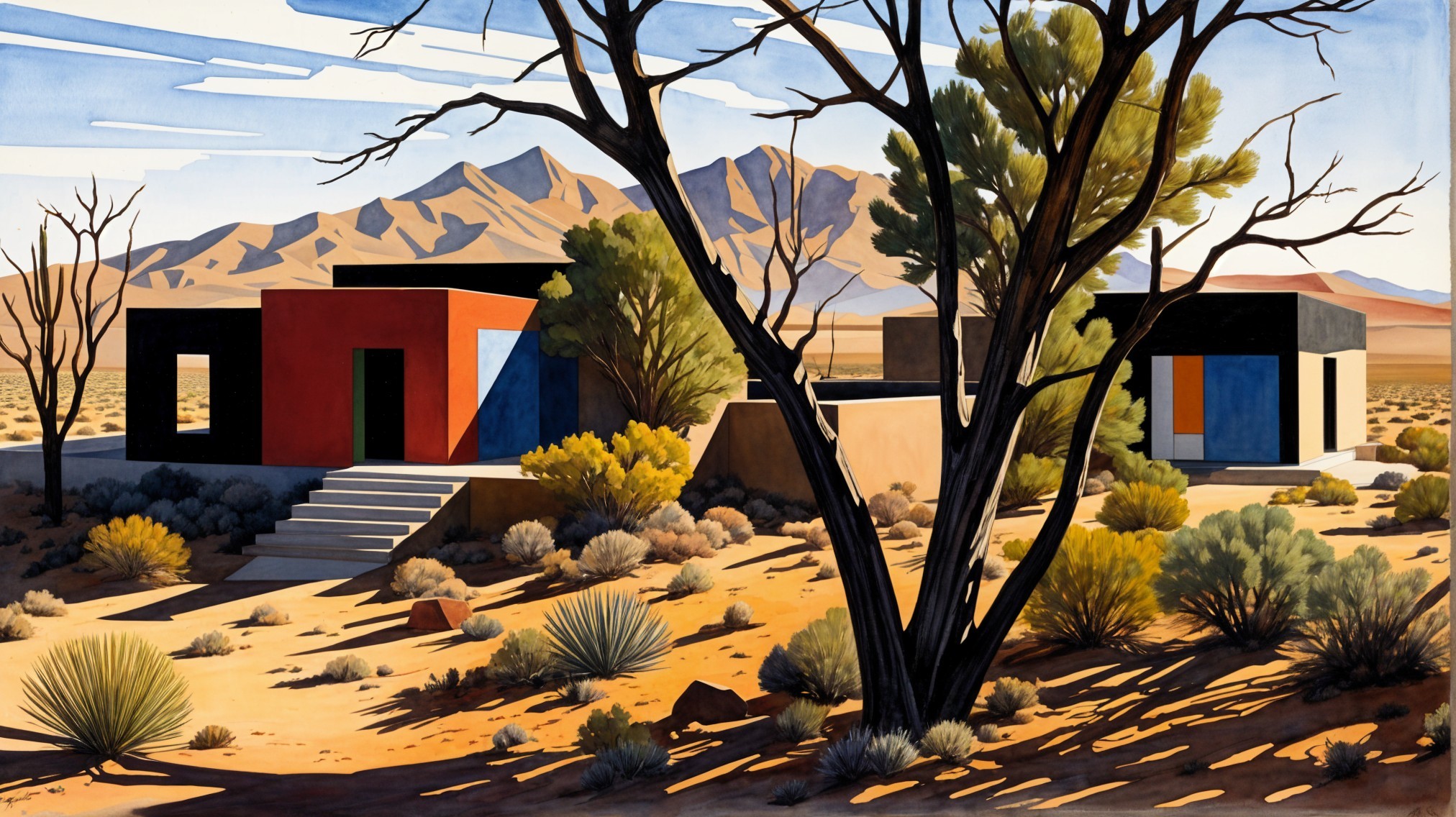 Desert Landscape with Abstract Structures and Mountains