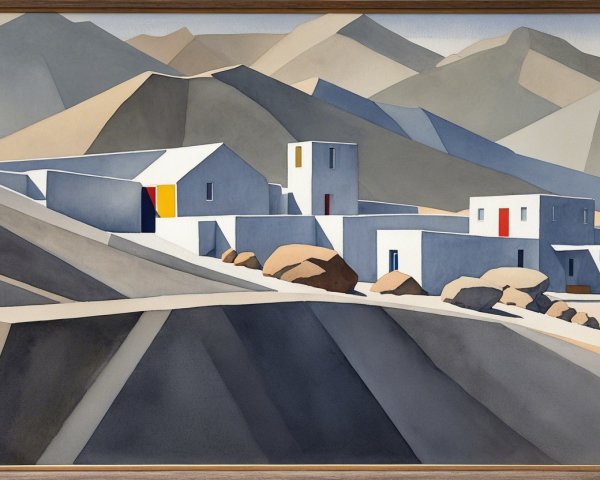 Geometric Landscape with White Buildings and Mountains