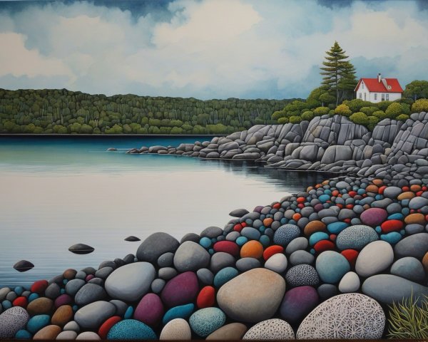 Tranquil Shoreline with Colorful Pebbles and Hillside