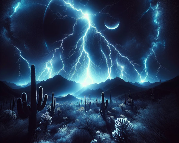Surreal Desert Night Scene with Lightning and Moon