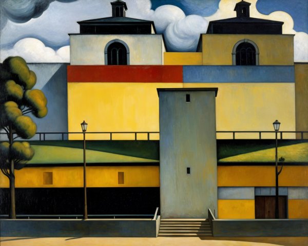 Geometric Building Design with Yellow Facade and Towers